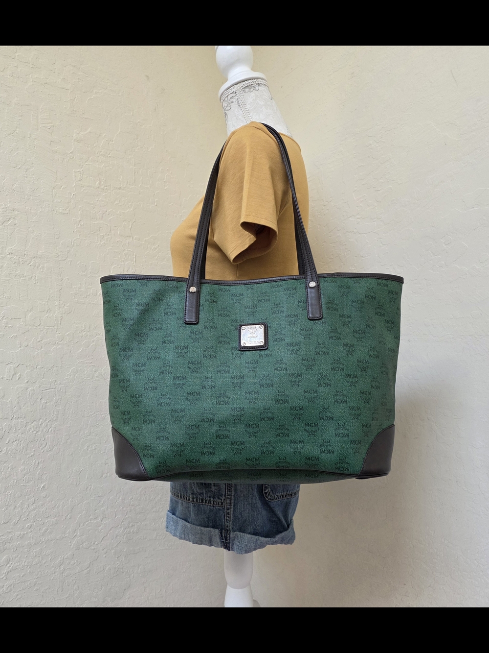 MCM Green Shopper Shoulder Tote Bag AUTHENTIC